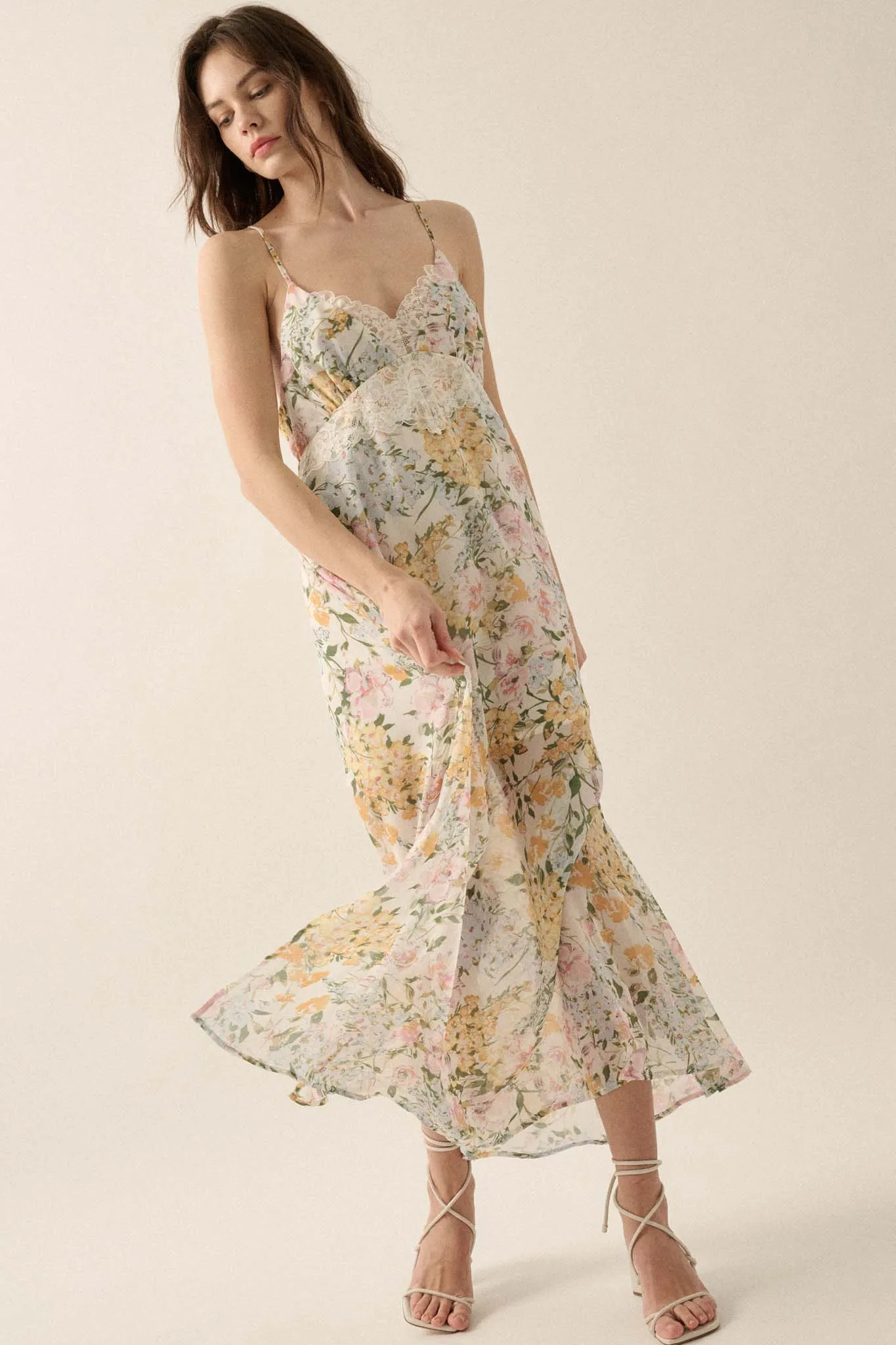 Dew Kissed Lace-Trimmed Floral Chiffon Slip Dress