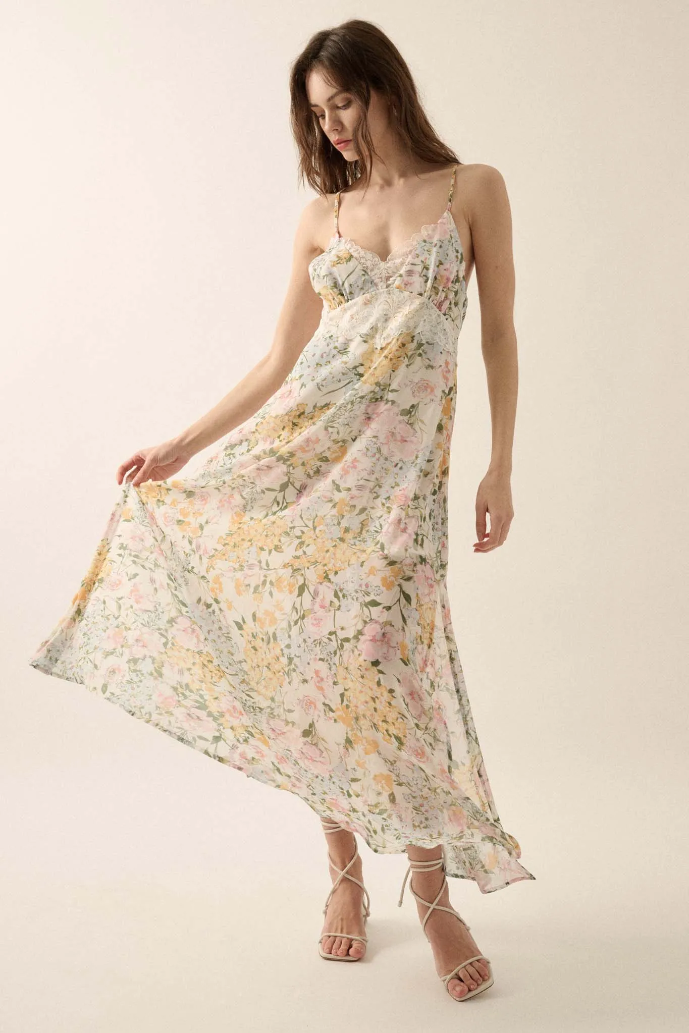 Dew Kissed Lace-Trimmed Floral Chiffon Slip Dress