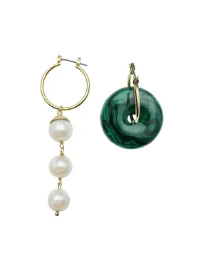 Donut Shaped Malachite & Freshwater Pearls Asymmetric Earrings CE033