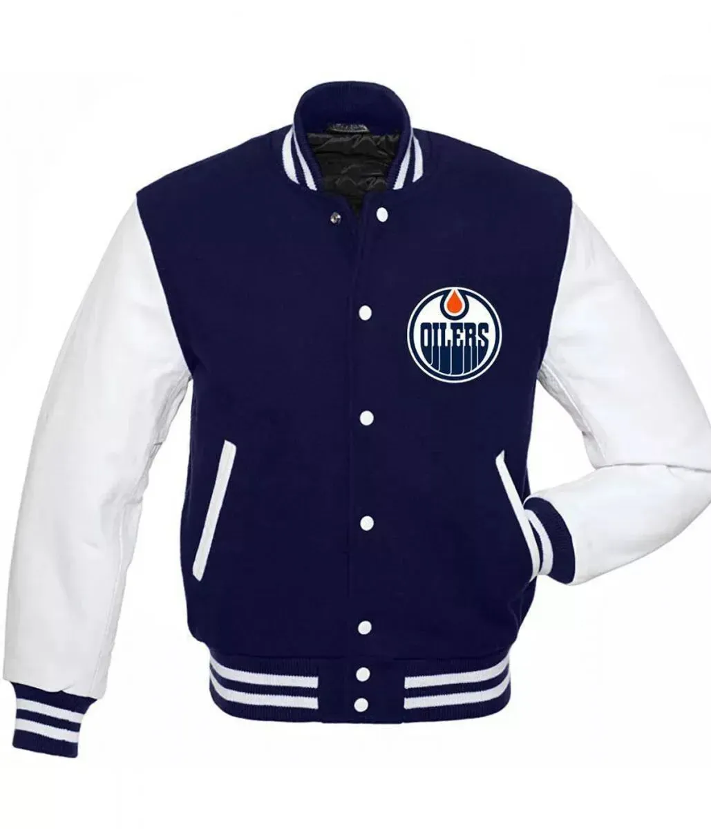 Edmonton Oilers Blue Wool White Sleeves Letterman Varsity Jacket