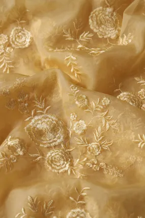 Elegant Floral Thread With Water Sequins Embroidery On Pastel Yellow Organza Fabric