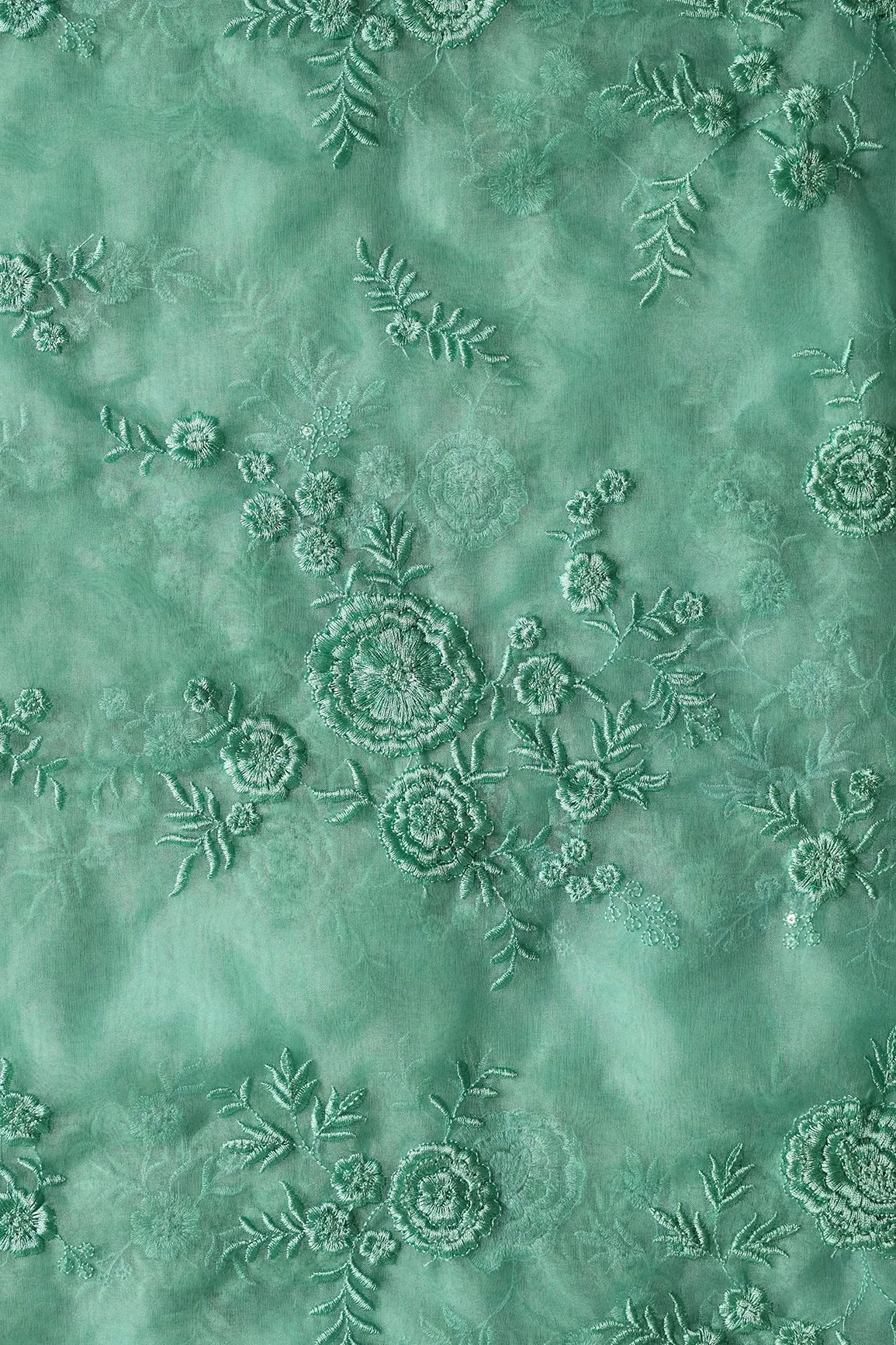 Elegant Floral Thread With Water Sequins Embroidery On Teal Organza Fabric