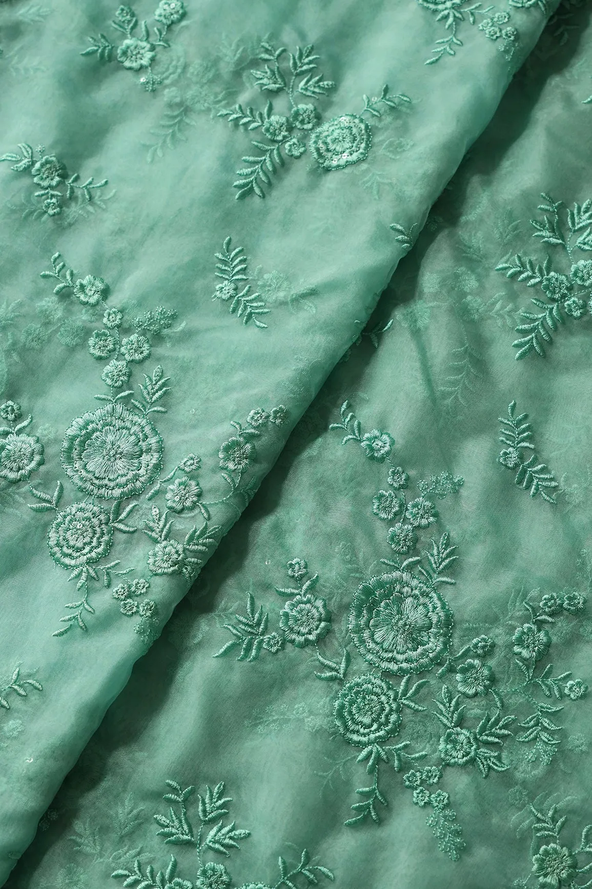 Elegant Floral Thread With Water Sequins Embroidery On Teal Organza Fabric