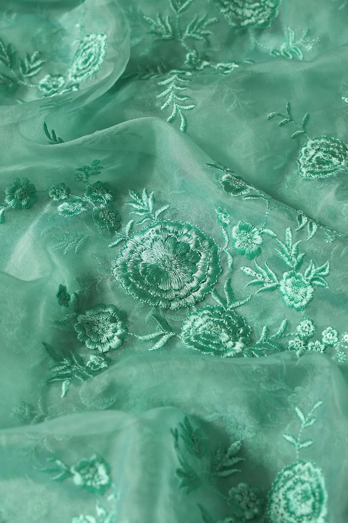 Elegant Floral Thread With Water Sequins Embroidery On Teal Organza Fabric