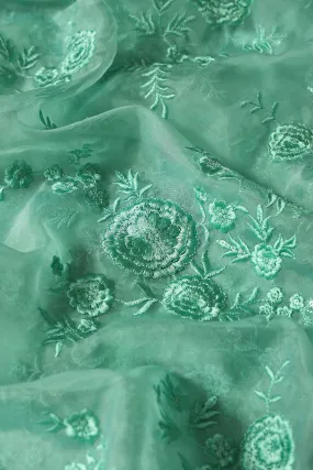 Elegant Floral Thread With Water Sequins Embroidery On Teal Organza Fabric