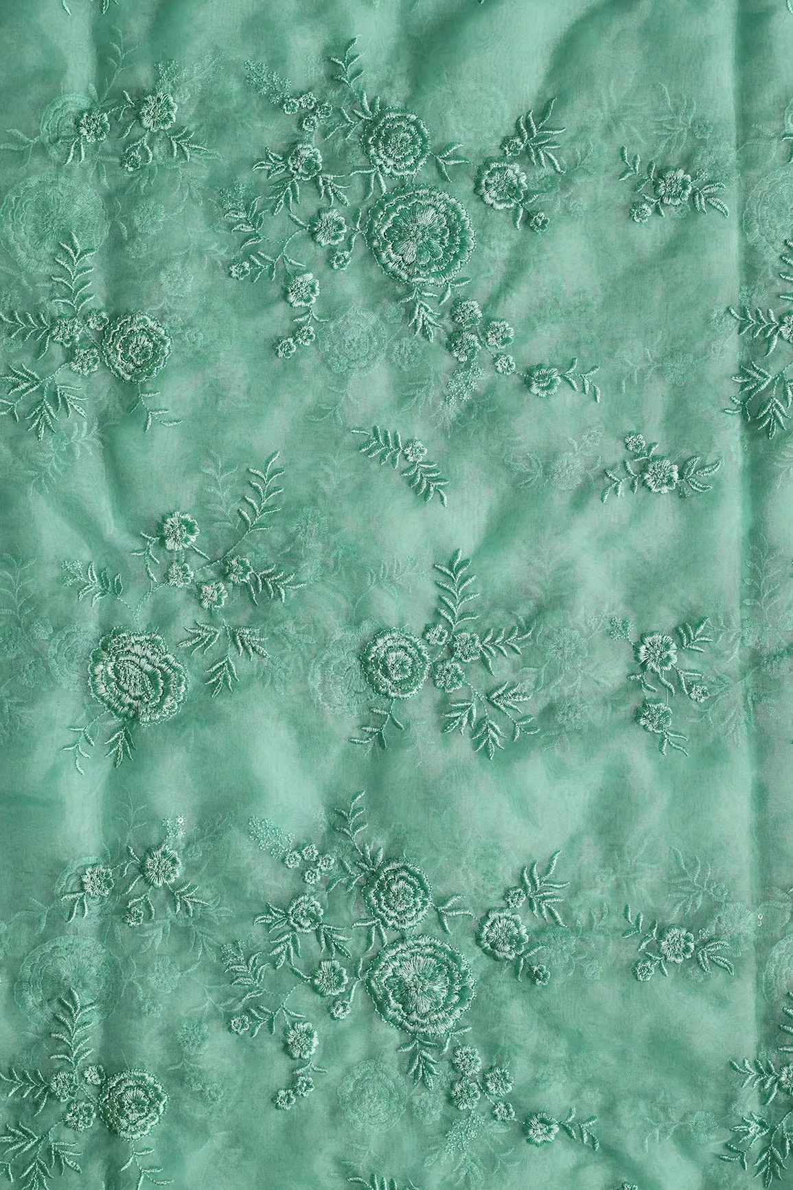 Elegant Floral Thread With Water Sequins Embroidery On Teal Organza Fabric