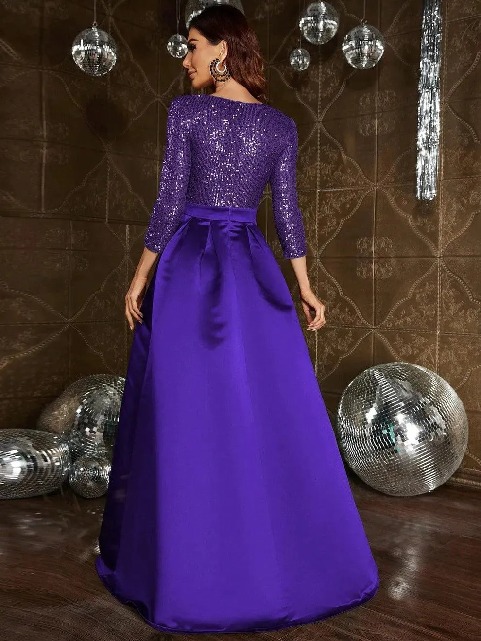 Elegant V Neck 3/4 Sleeve Slit A Line Prom Dress