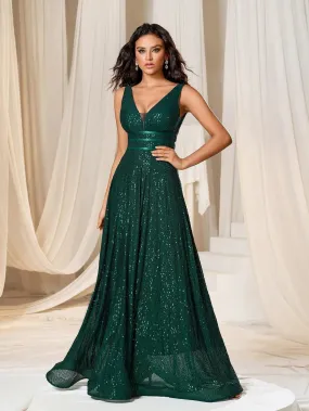 Elegant V Neck Sleeveless A Line Sequin Party Dress