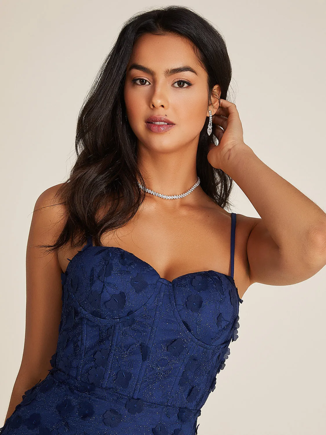 Embroidered Bustier Gown With Flower Appliqués