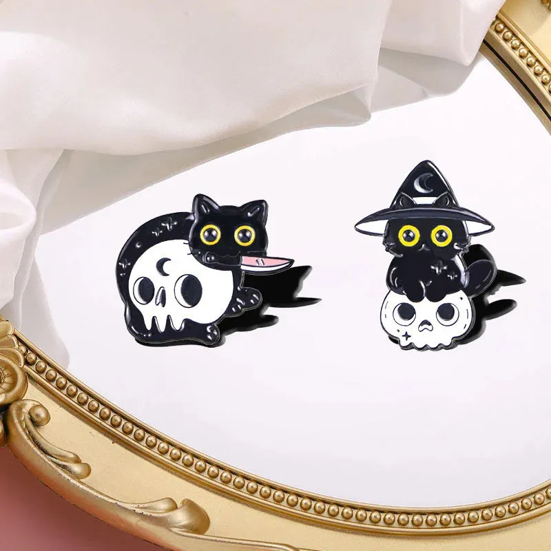 European and American Halloween New Black Cat Skull Enamel Pin