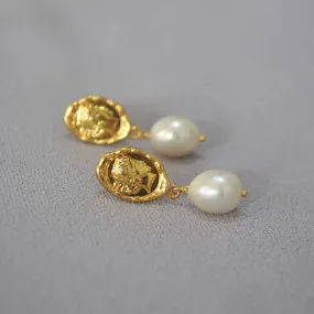 Face coin gold freshwater pearl earrings