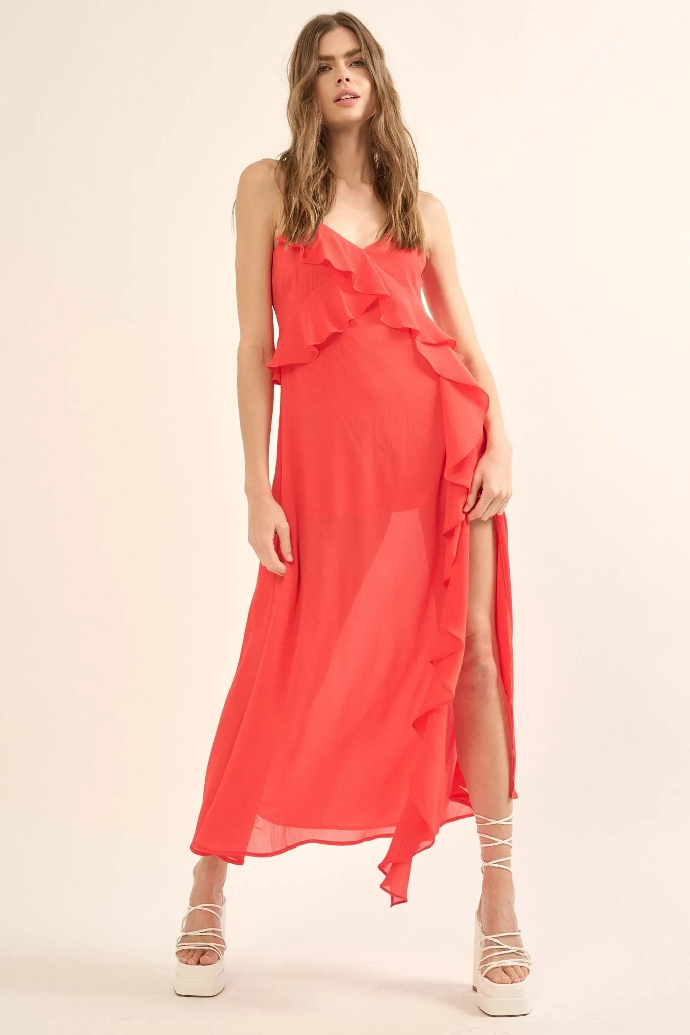 Flamenco Fever Ruffled Chiffon Maxi Slip Dress