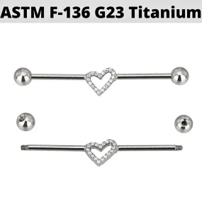 G23 Titanium Center Paved CZ Hollow Heart Industrial Barbell