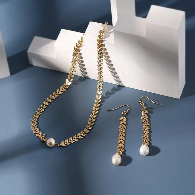 Gold Laurel Leaf Matching Pearl & Earrings Set (Sold Separately)