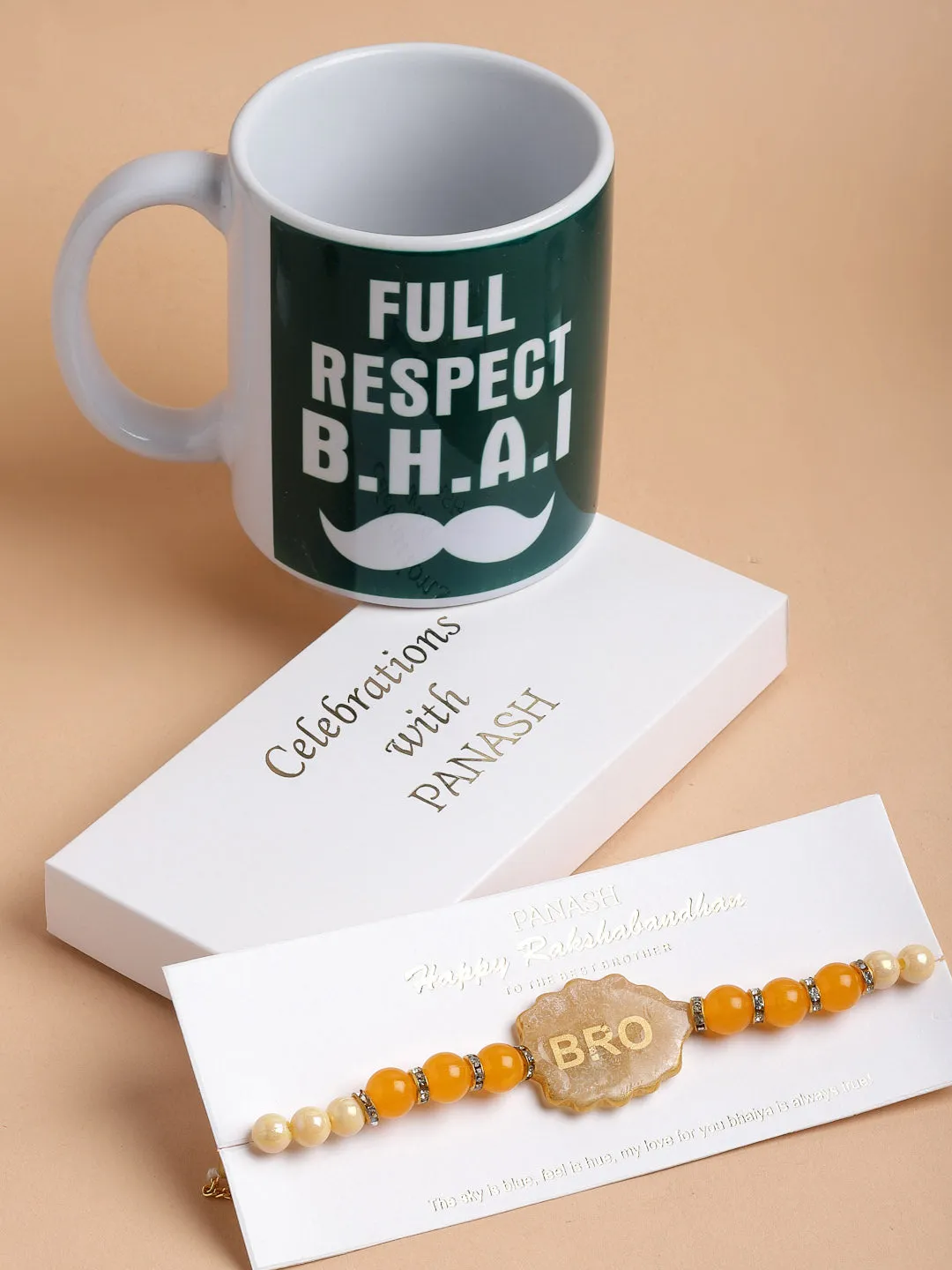 Gold-Plated Yellow Pearls Rakhi With Printed Mug