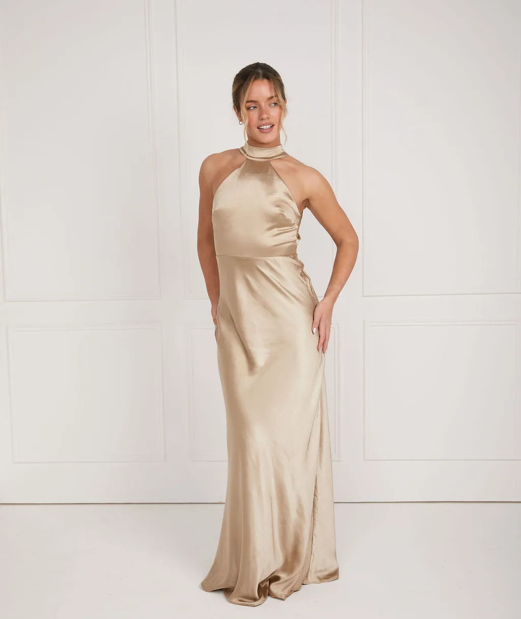 Halter Neck Satin Bridesmaid Dress - Champagne