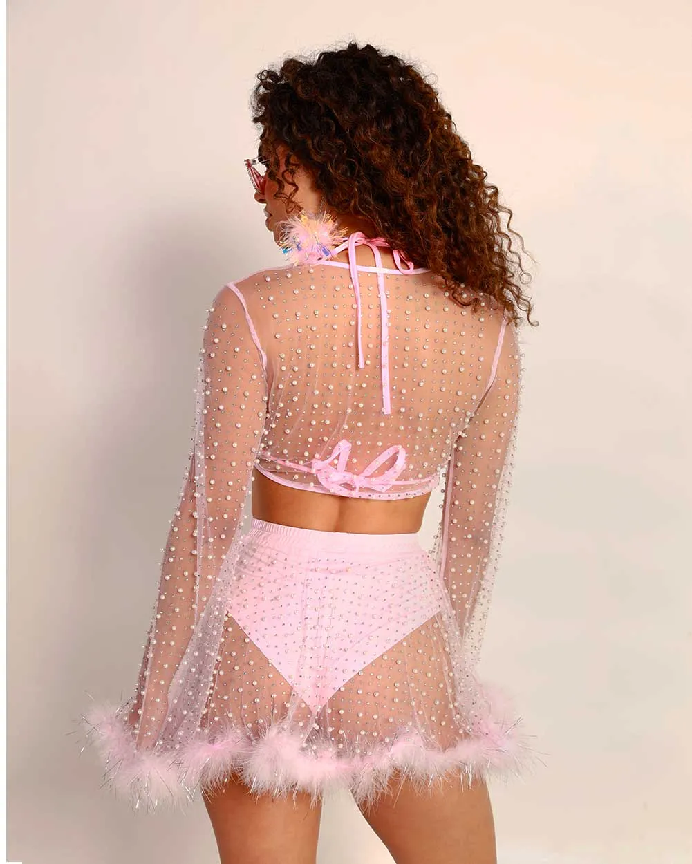 Happy Ever After Tinsel Marabou Mesh Top - Baby Pink