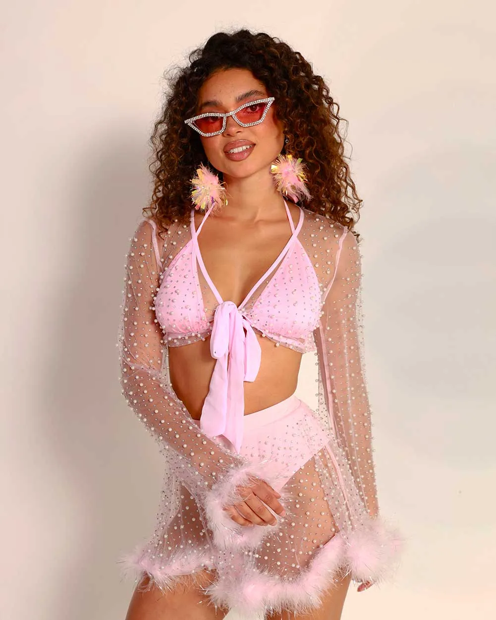 Happy Ever After Tinsel Marabou Mesh Top - Baby Pink