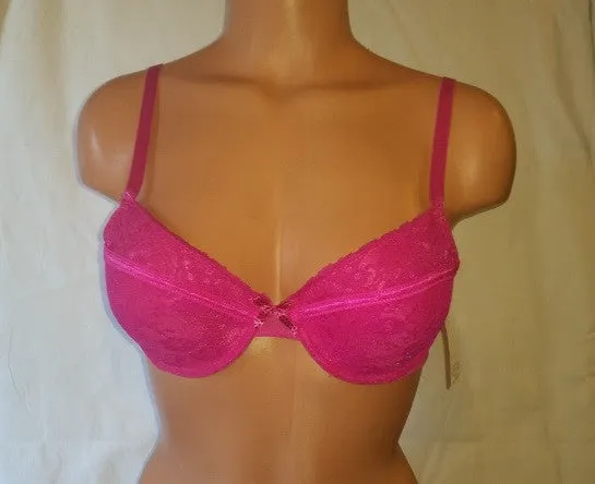 Hot Pink Push-Up Bra with Lace Overlay and Polka Dot Bow