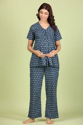 Indigo Batik Print on Maternity Feeding Pyjama Set