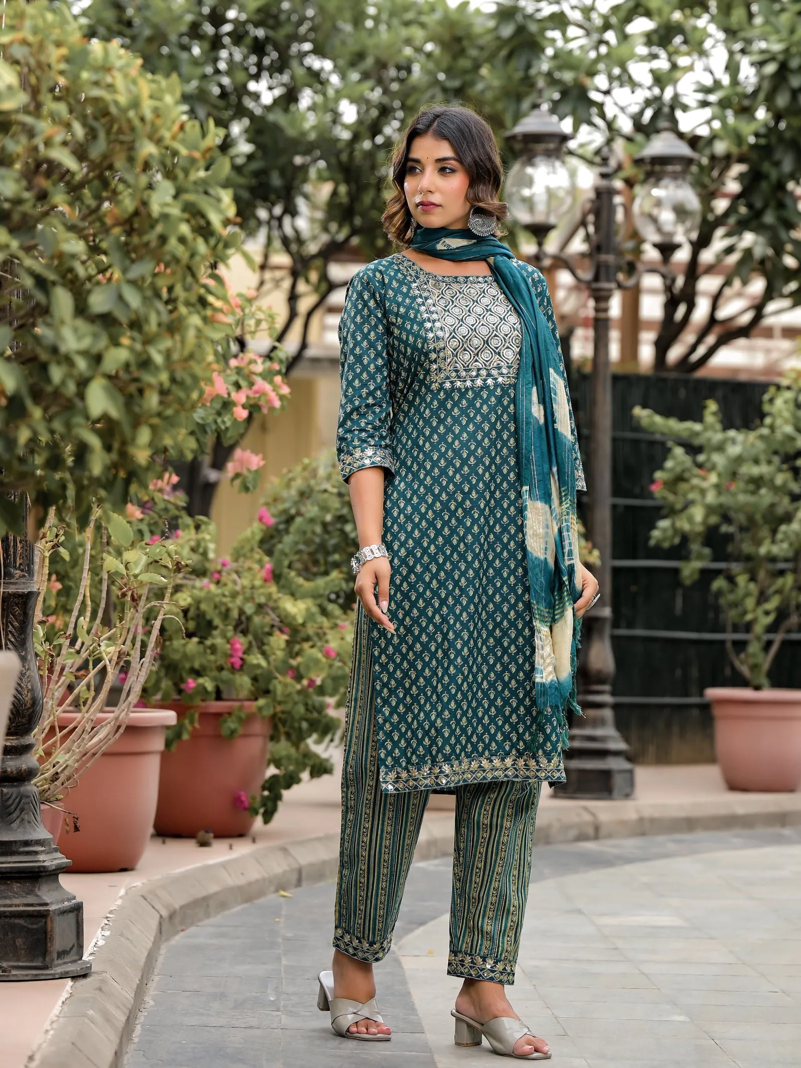 Juniper Green Ethnic Motif Printed Cotton Kurta, Pant And Dupatta Set With Zari Work & Sequins