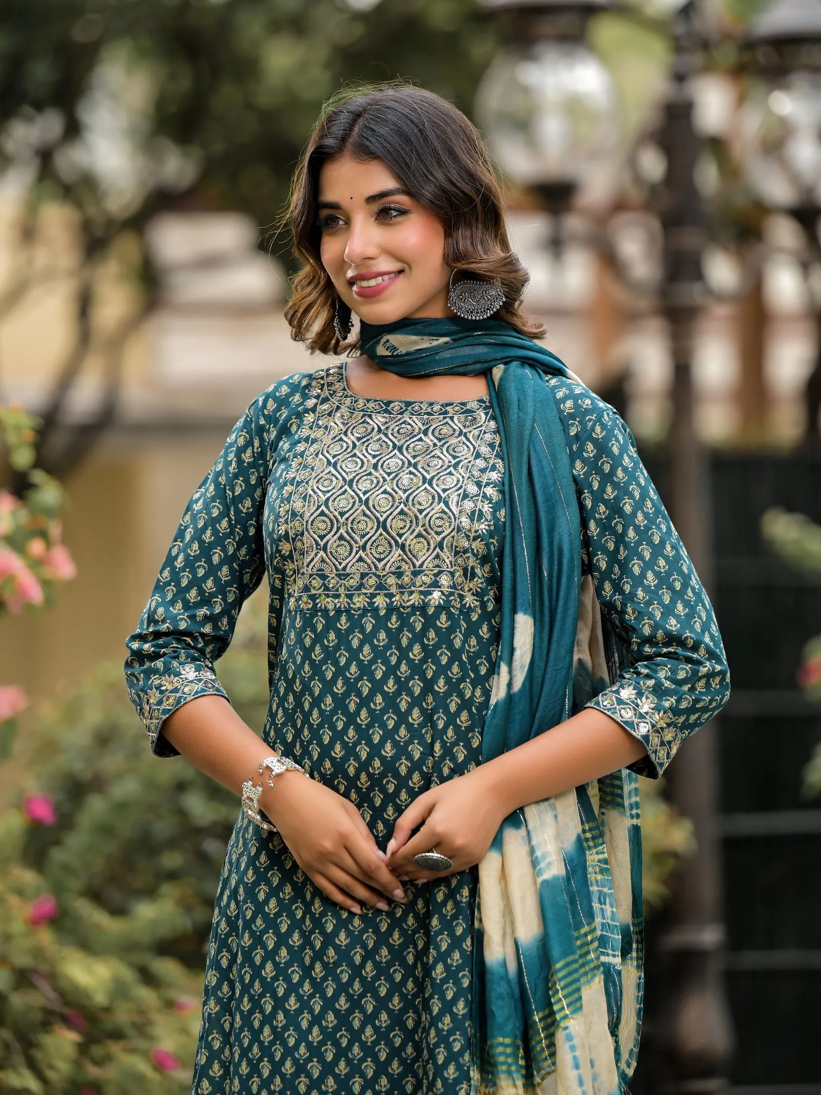 Juniper Green Ethnic Motif Printed Cotton Kurta, Pant And Dupatta Set With Zari Work & Sequins