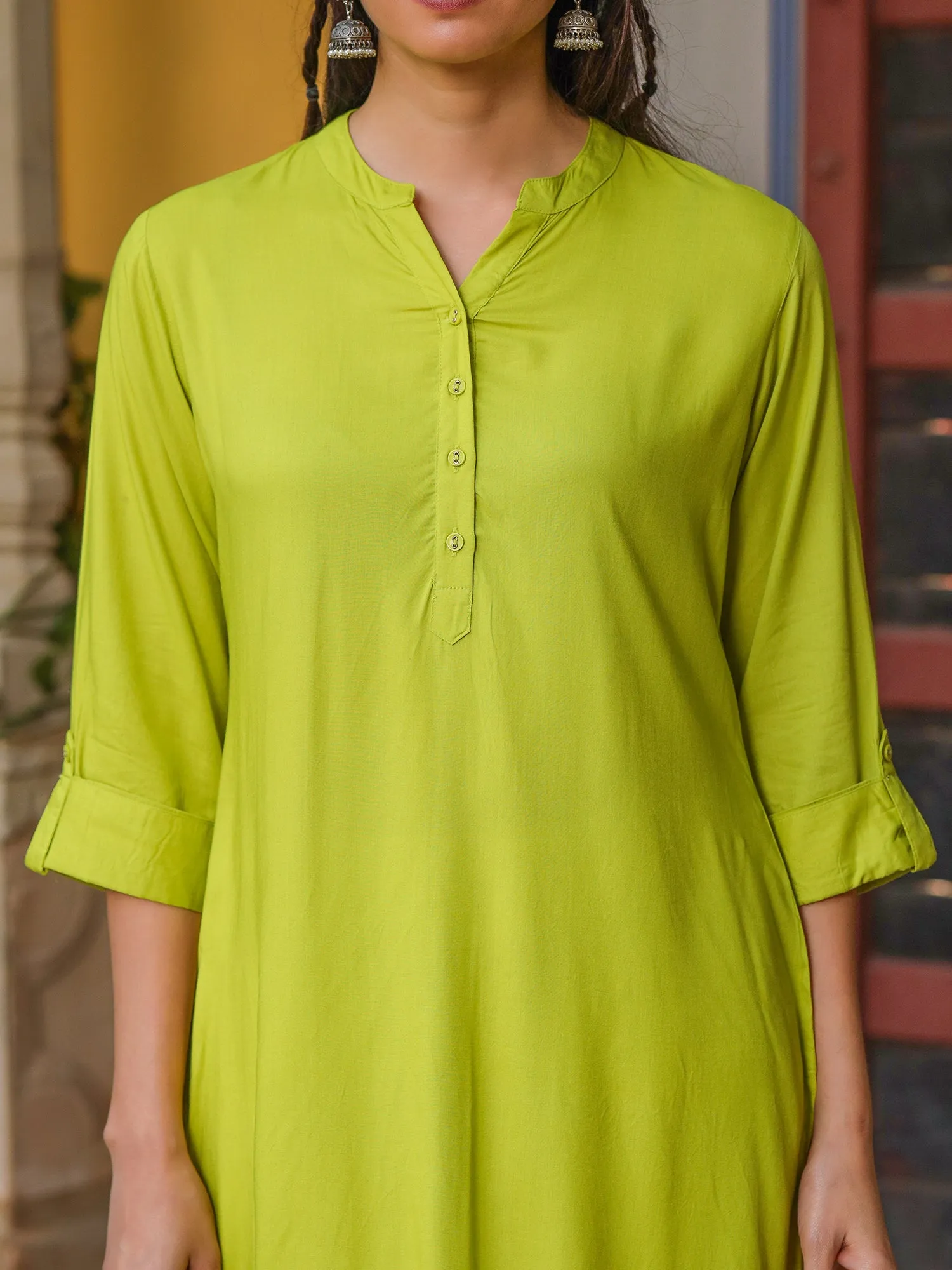 Juniper The Mishri Solid Lime Green Modal Rayon Kurta