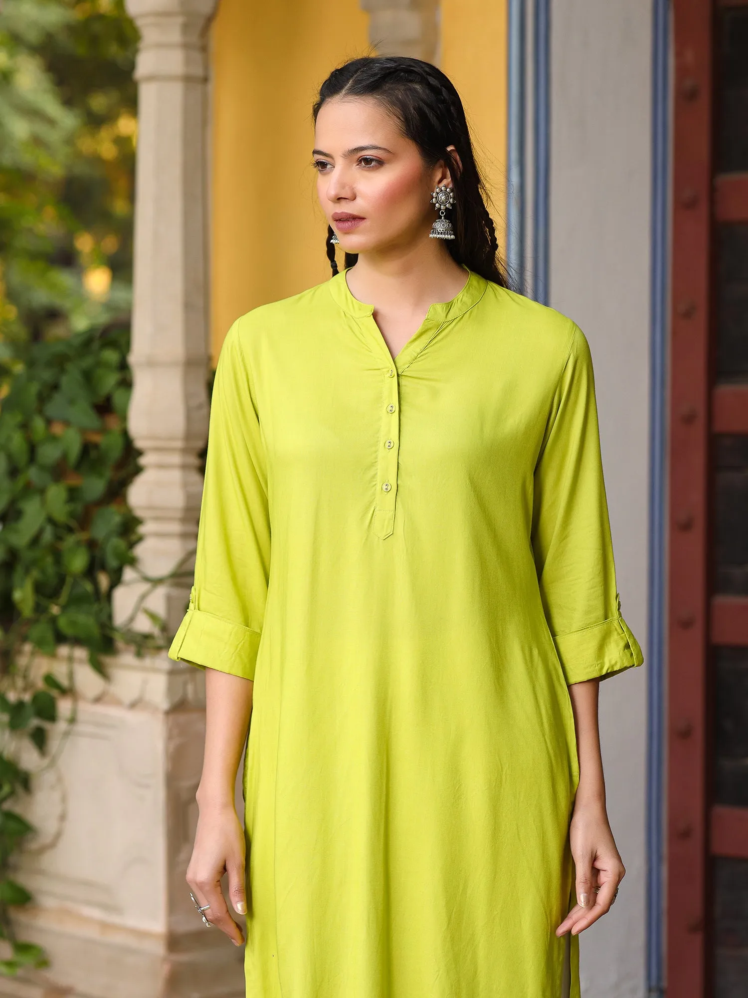 Juniper The Mishri Solid Lime Green Modal Rayon Kurta