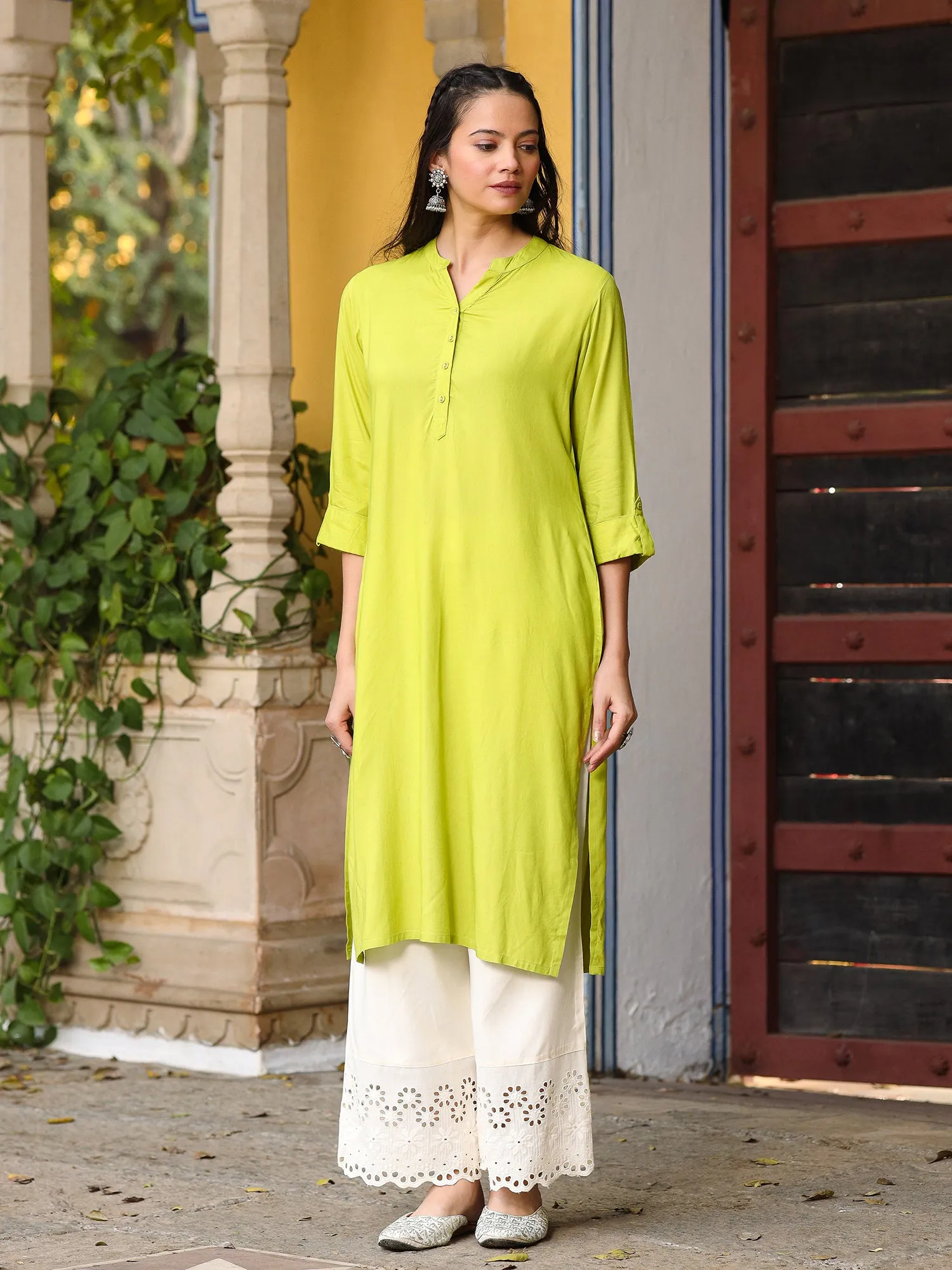 Juniper The Mishri Solid Lime Green Modal Rayon Kurta