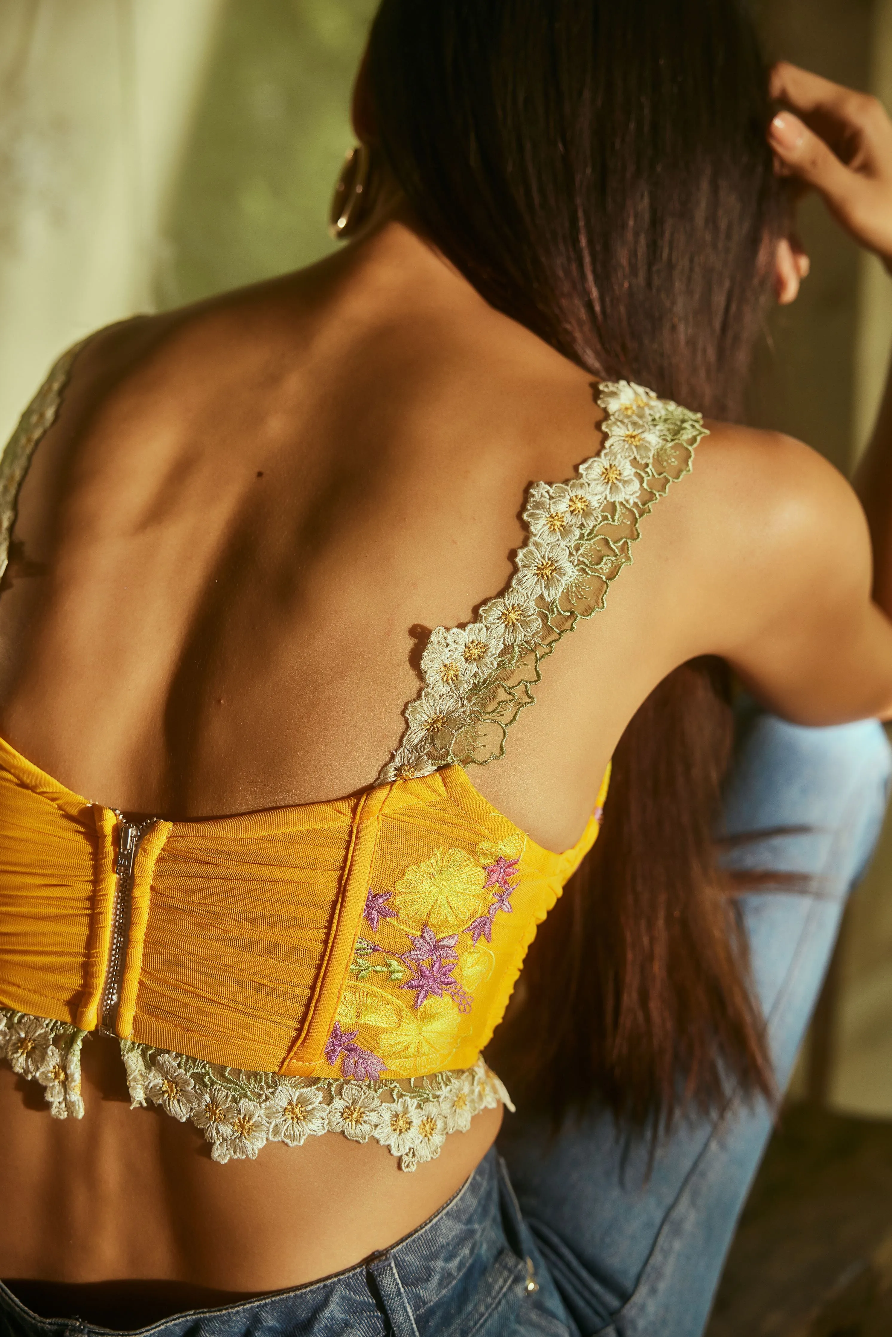 Lemon Yellow Embroidered Longline Corset Bra