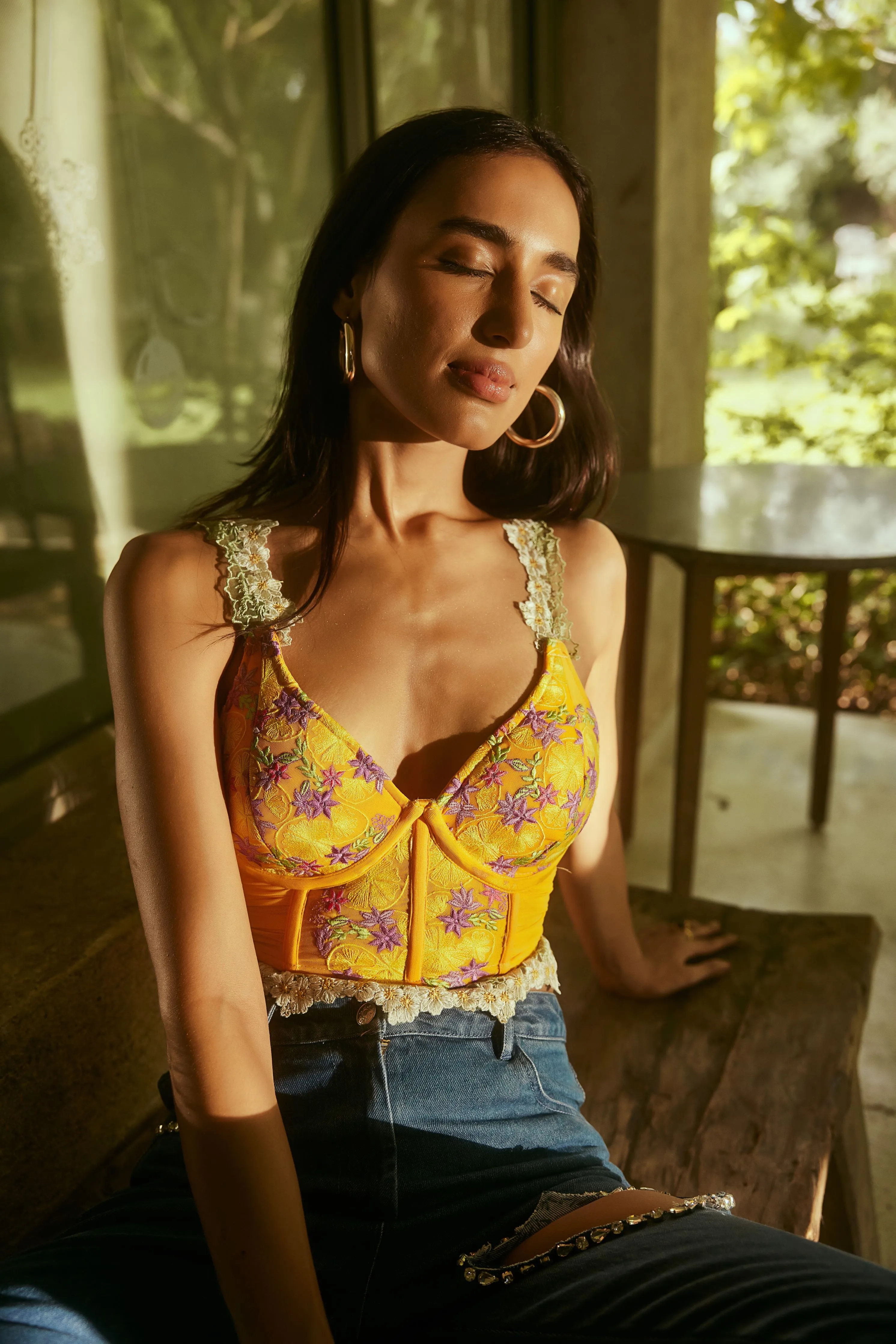 Lemon Yellow Embroidered Longline Corset Bra