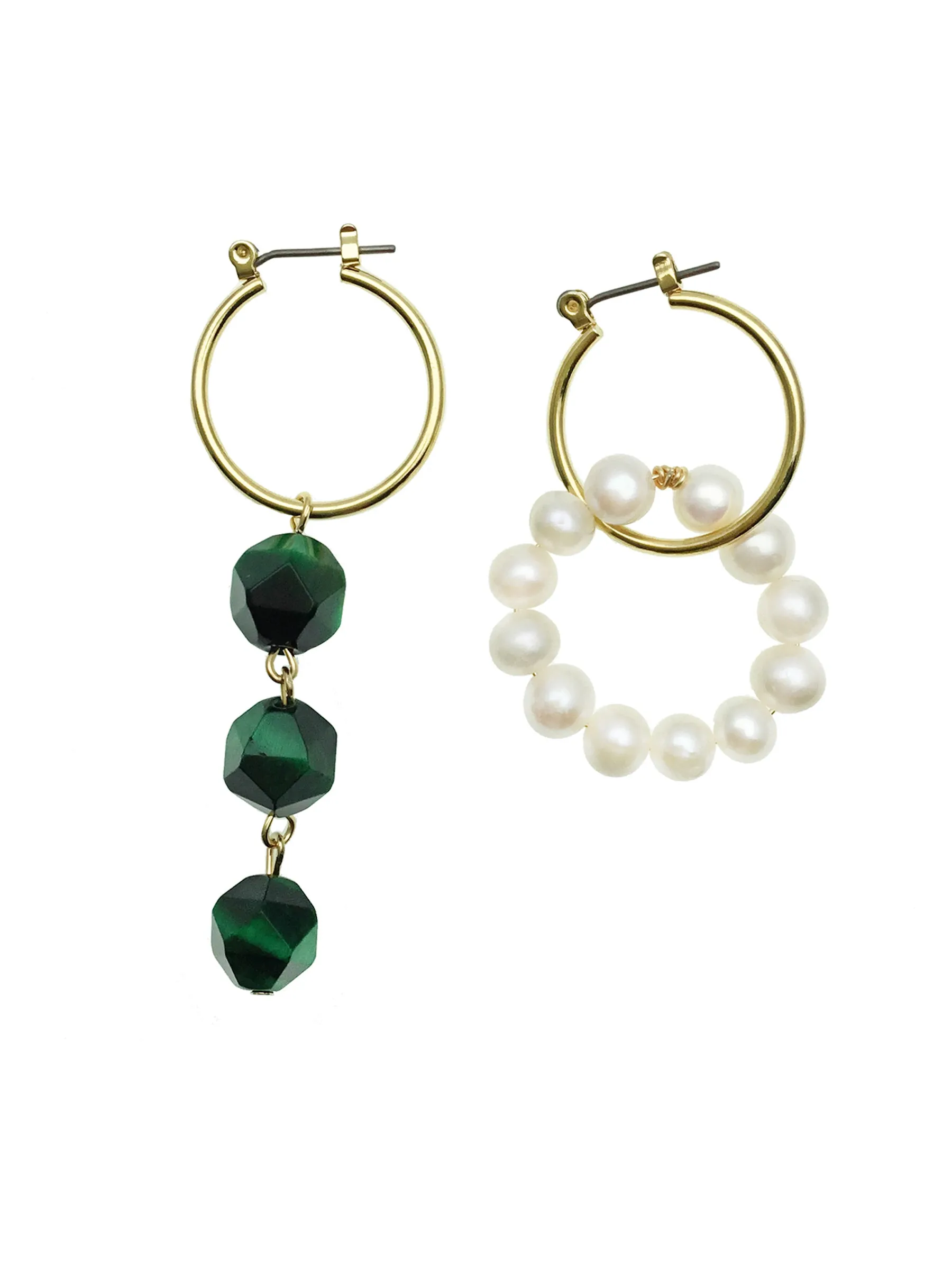 Malachite & Freshwater Pearls Asymmetric Clip On Earrings CE034