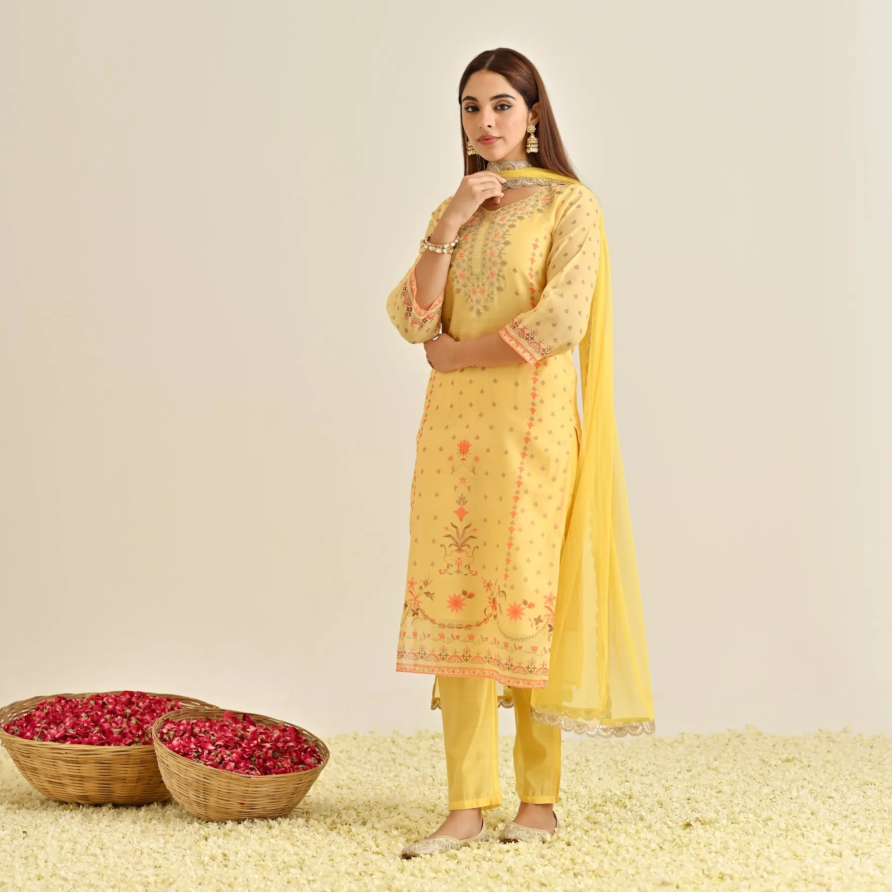 Mango Yellow Floral Straight Kurta Set with Yoke Embroidery & Dupatta