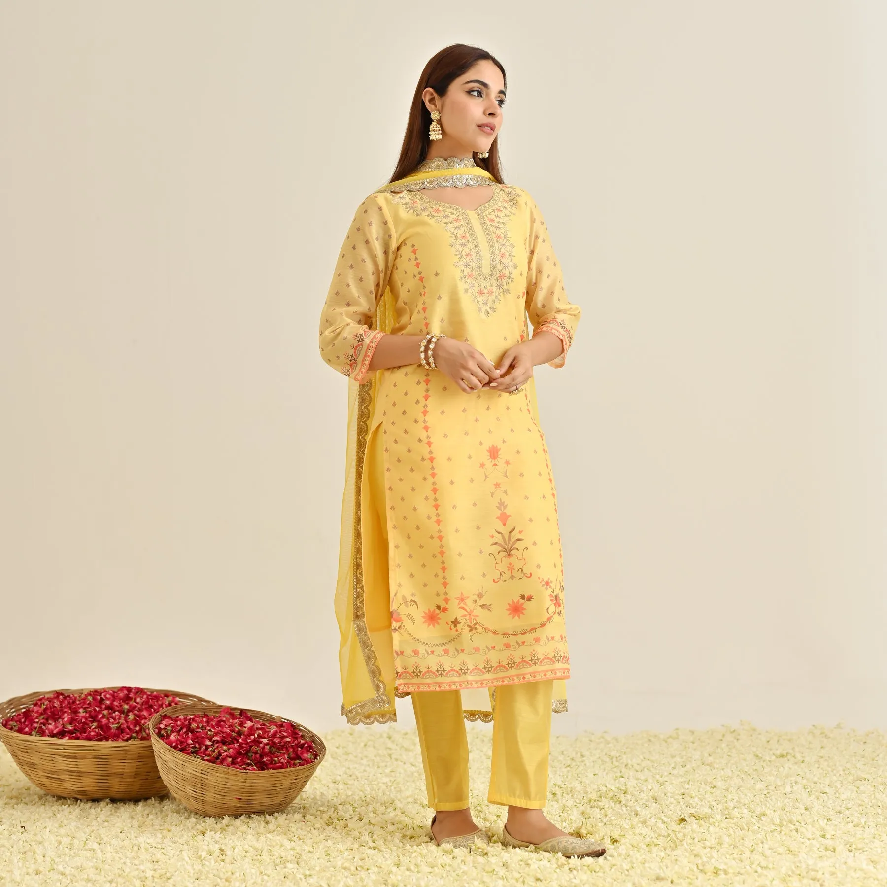 Mango Yellow Floral Straight Kurta Set with Yoke Embroidery & Dupatta