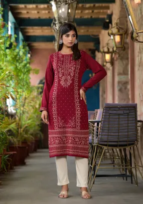 Maroon Ethnic Motif Printed Polycotton Kurta