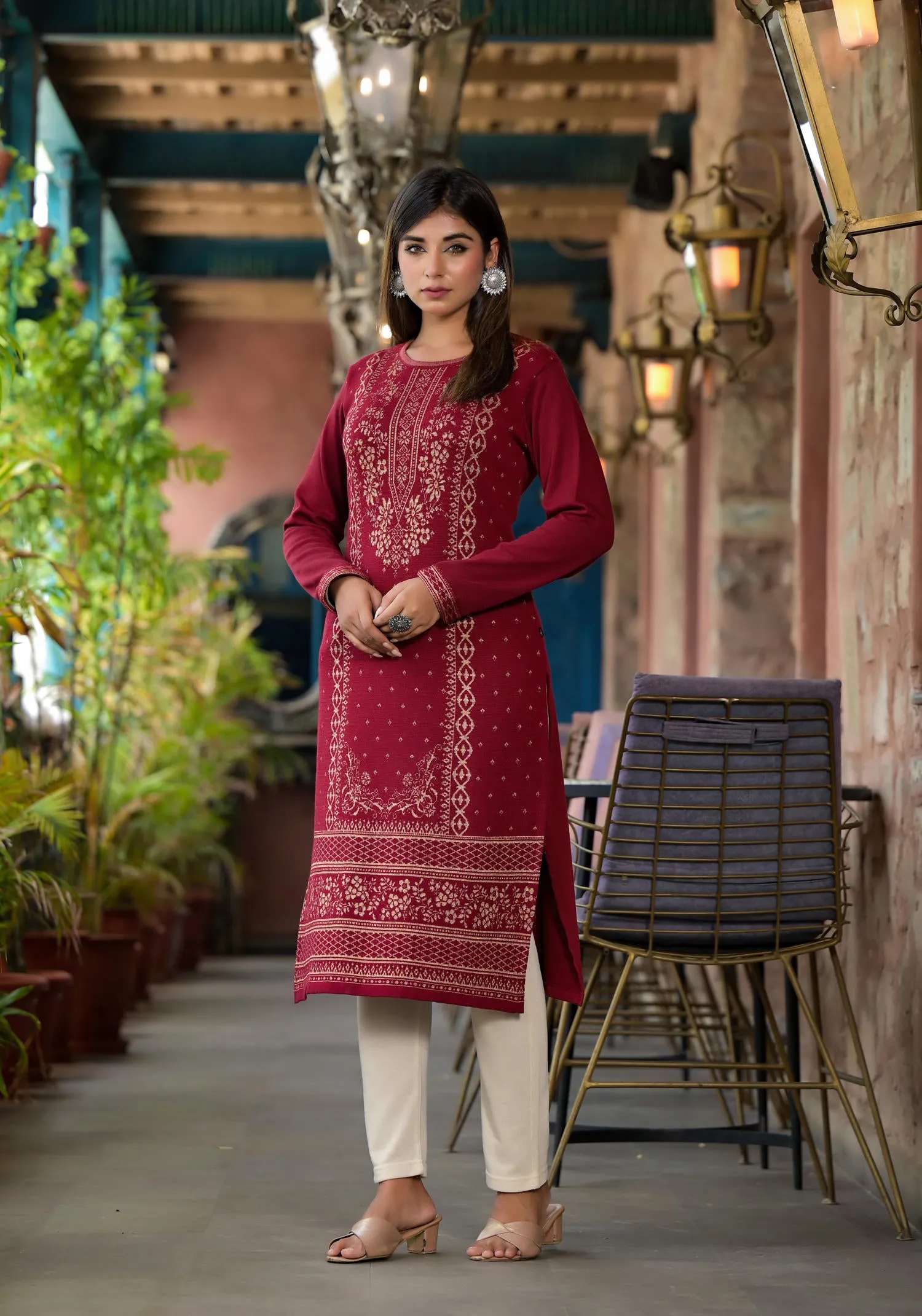 Maroon Ethnic Motif Printed Polycotton Kurta