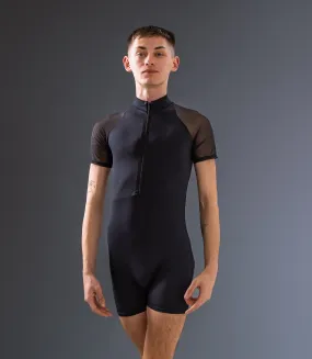 Mens Short Sleeve Zip Front Mesh Back Unitard - Black