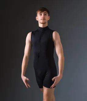 Mens Sleeveless Zip Front Mesh Back Unitard - Black