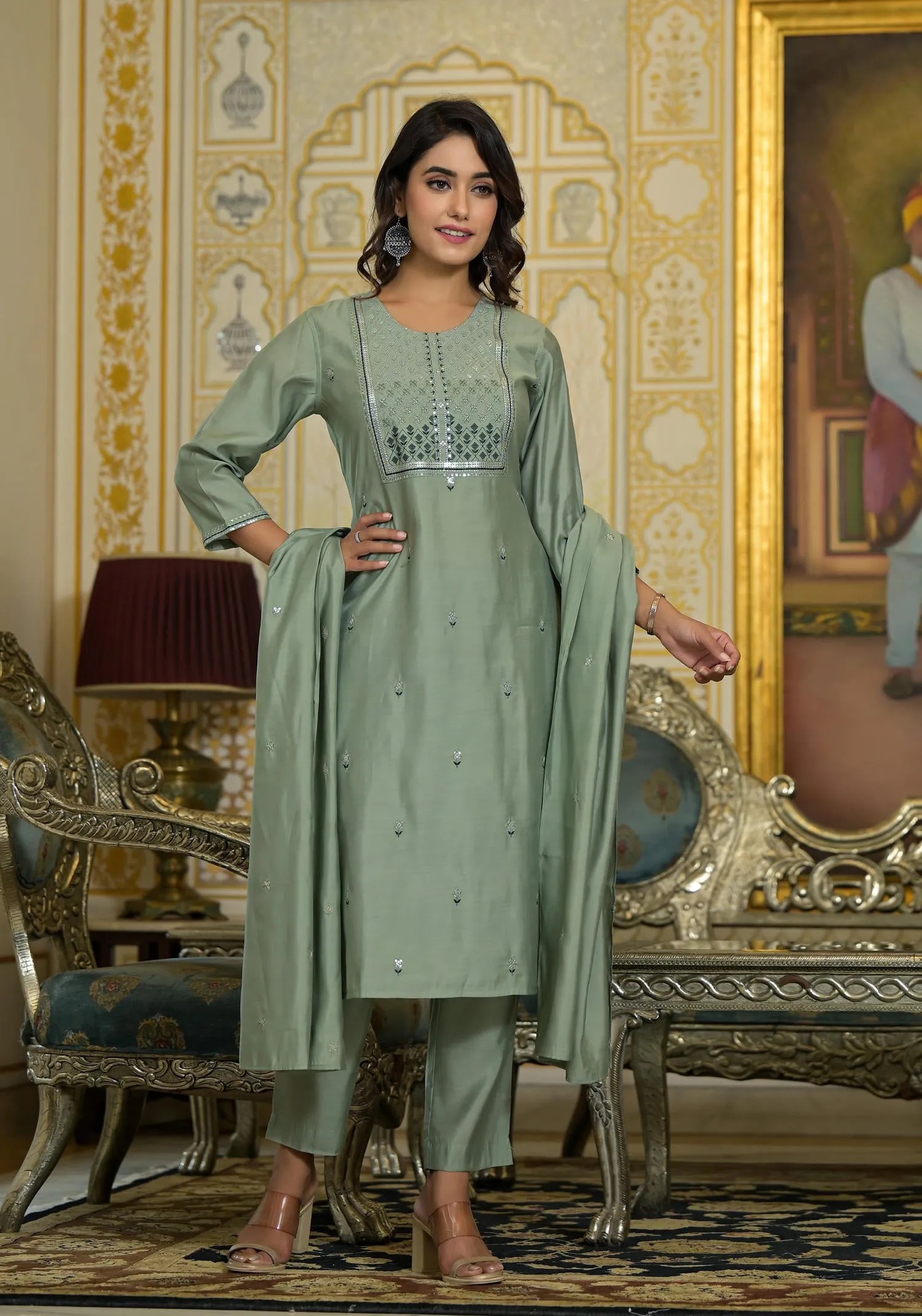 Mint Viscose Zari & Thread Embroidered Kurta Pant And Dupatta Set With Sequins