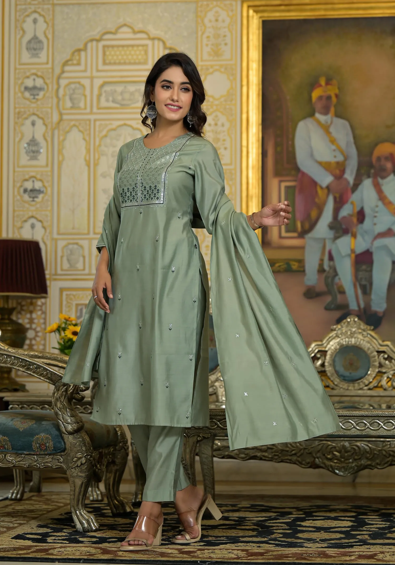 Mint Viscose Zari & Thread Embroidered Kurta Pant And Dupatta Set With Sequins