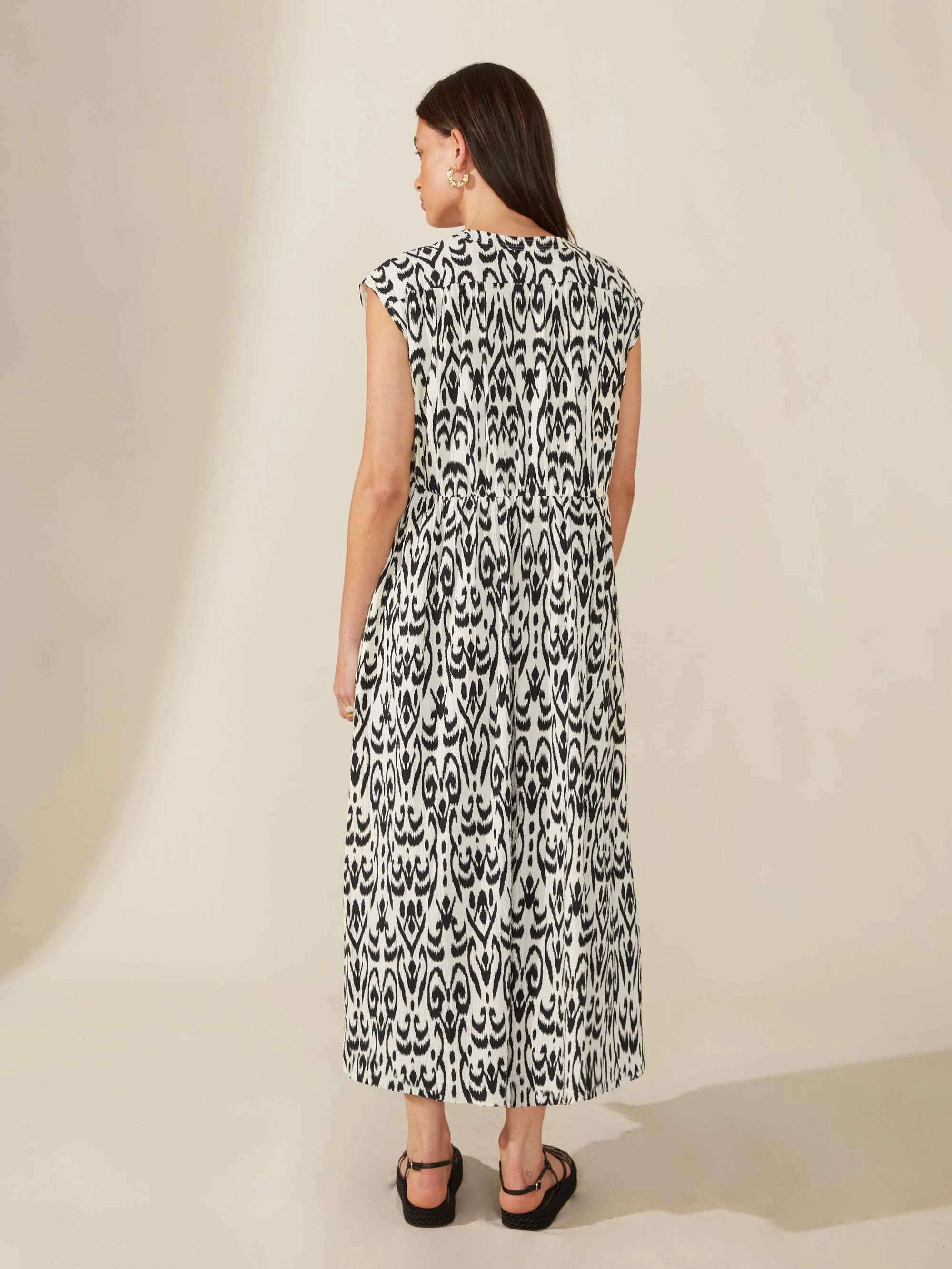 Mono Aztec Print Wrap Neck Midi Dress