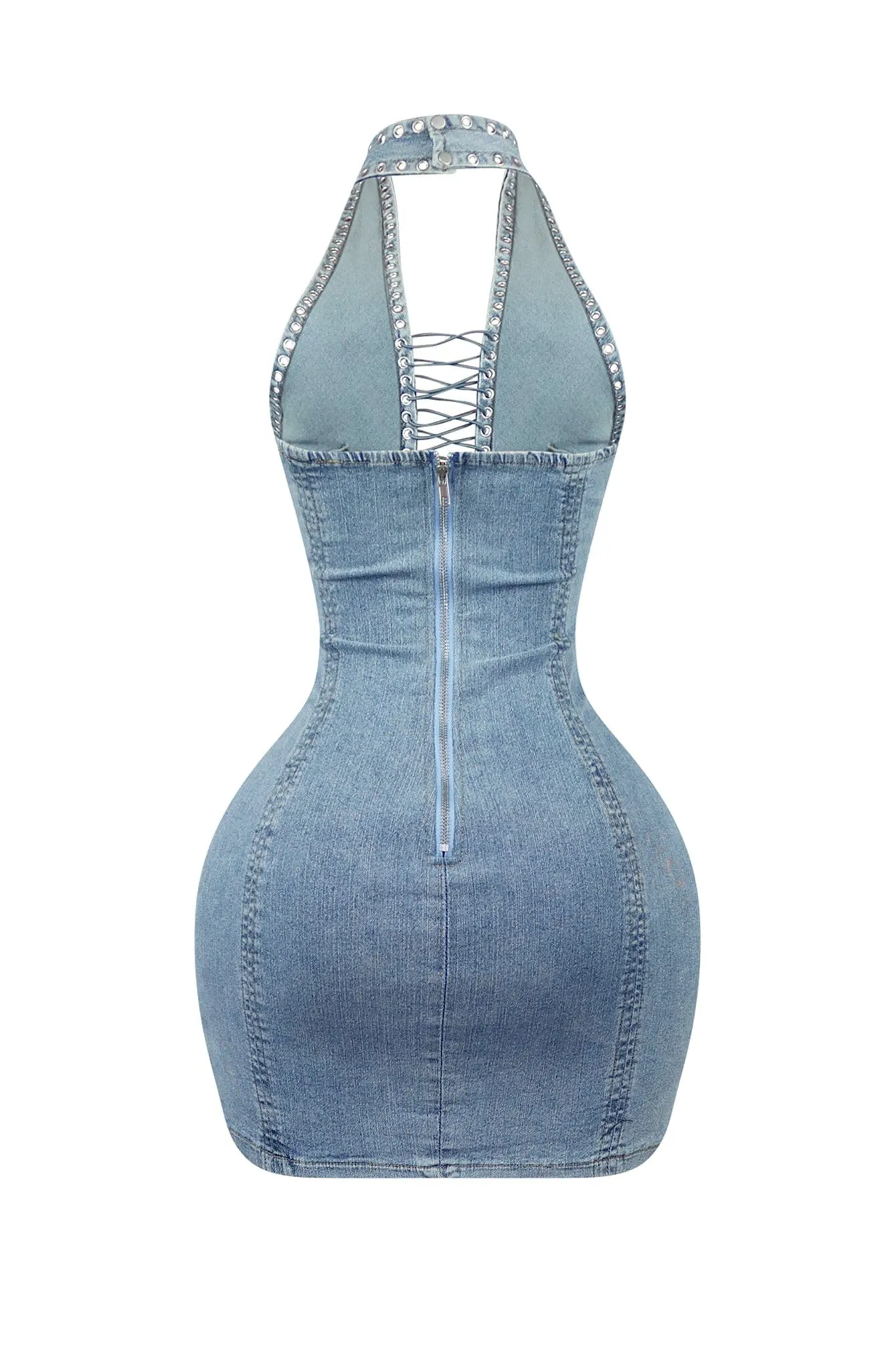 Monroe Cross Halter Denim Mini Dress