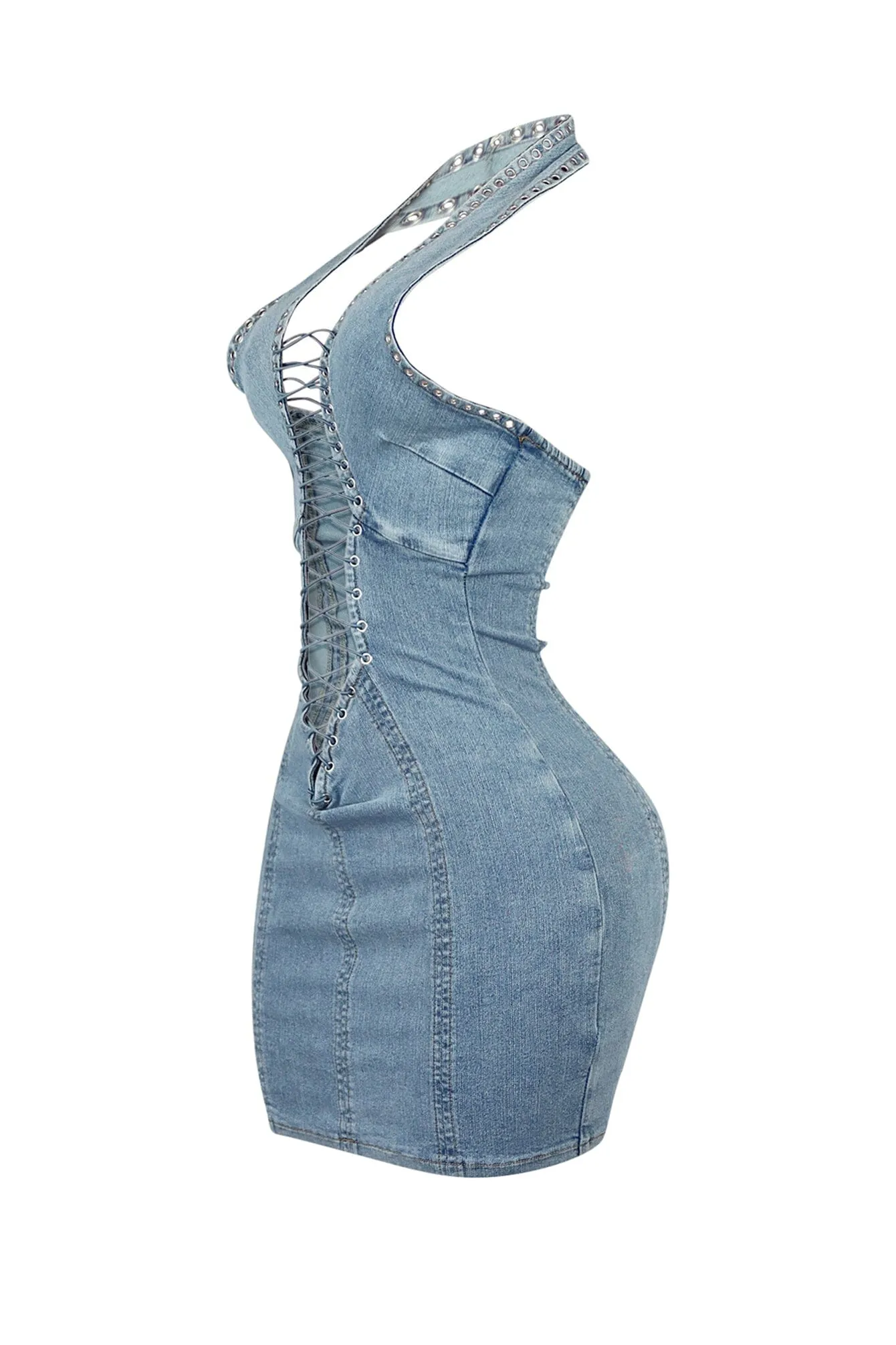 Monroe Cross Halter Denim Mini Dress