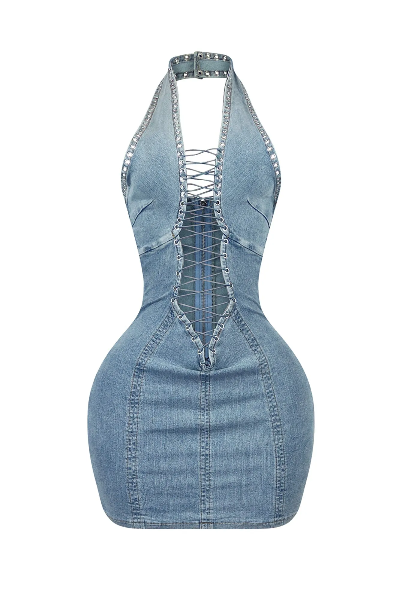 Monroe Cross Halter Denim Mini Dress