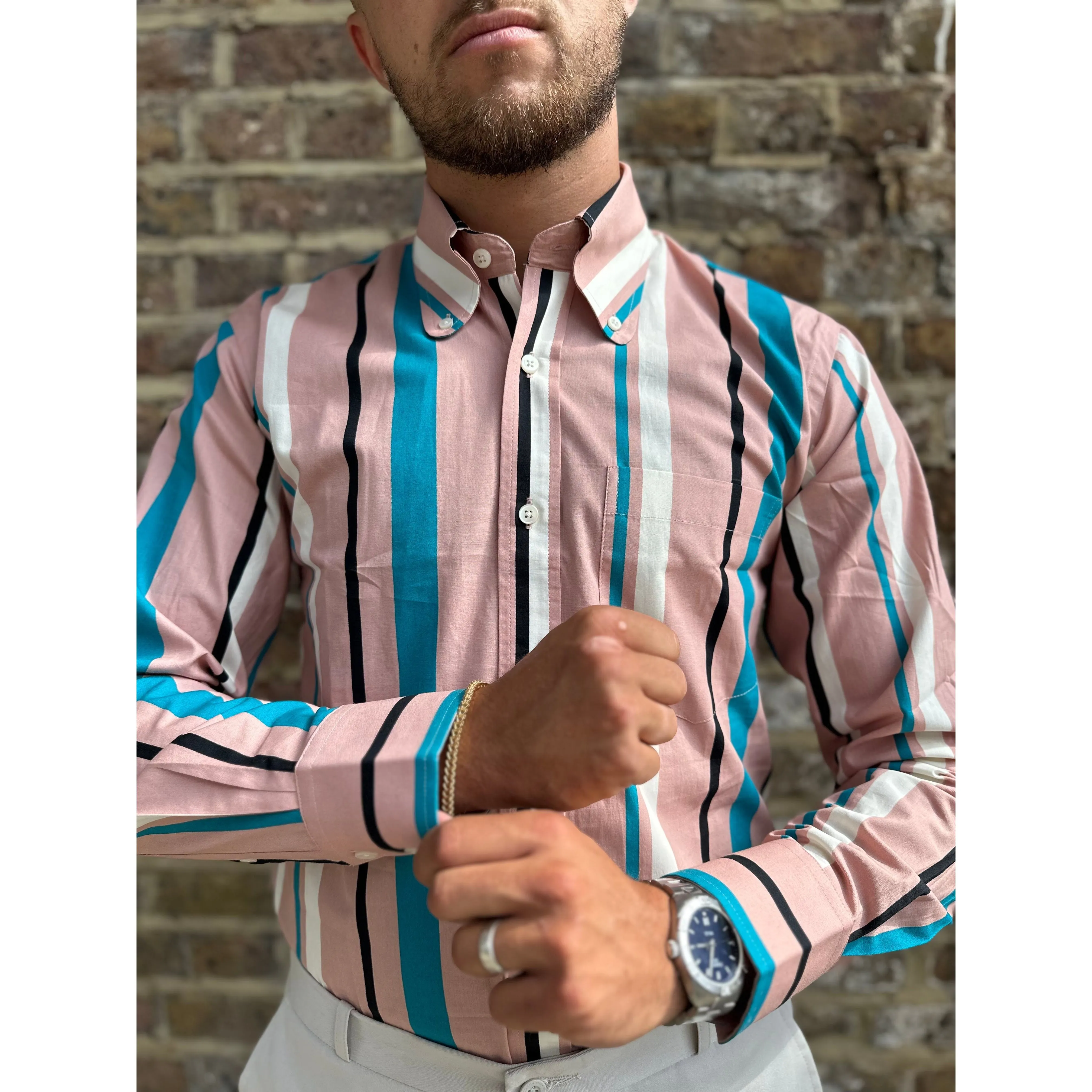 Mr Bridger - Men's Beagle Collar 'Miles' Pink Candystripe BD - Shirt