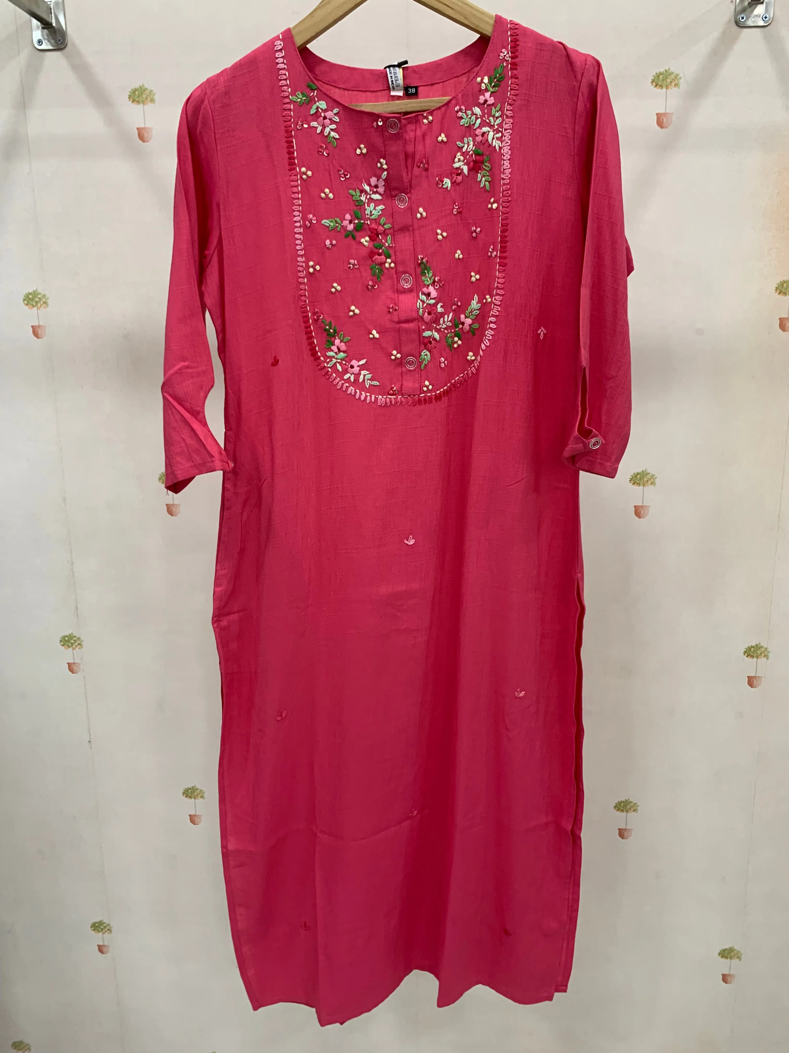 PEACH EMBROIDERED COTTON SLUB KURTA