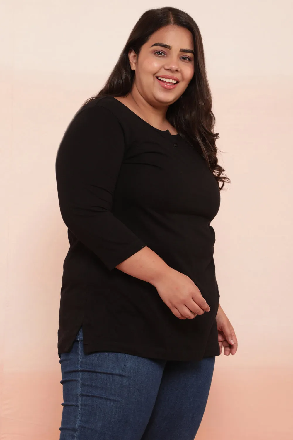 Plus Size Black Henley Cotton Tshirt