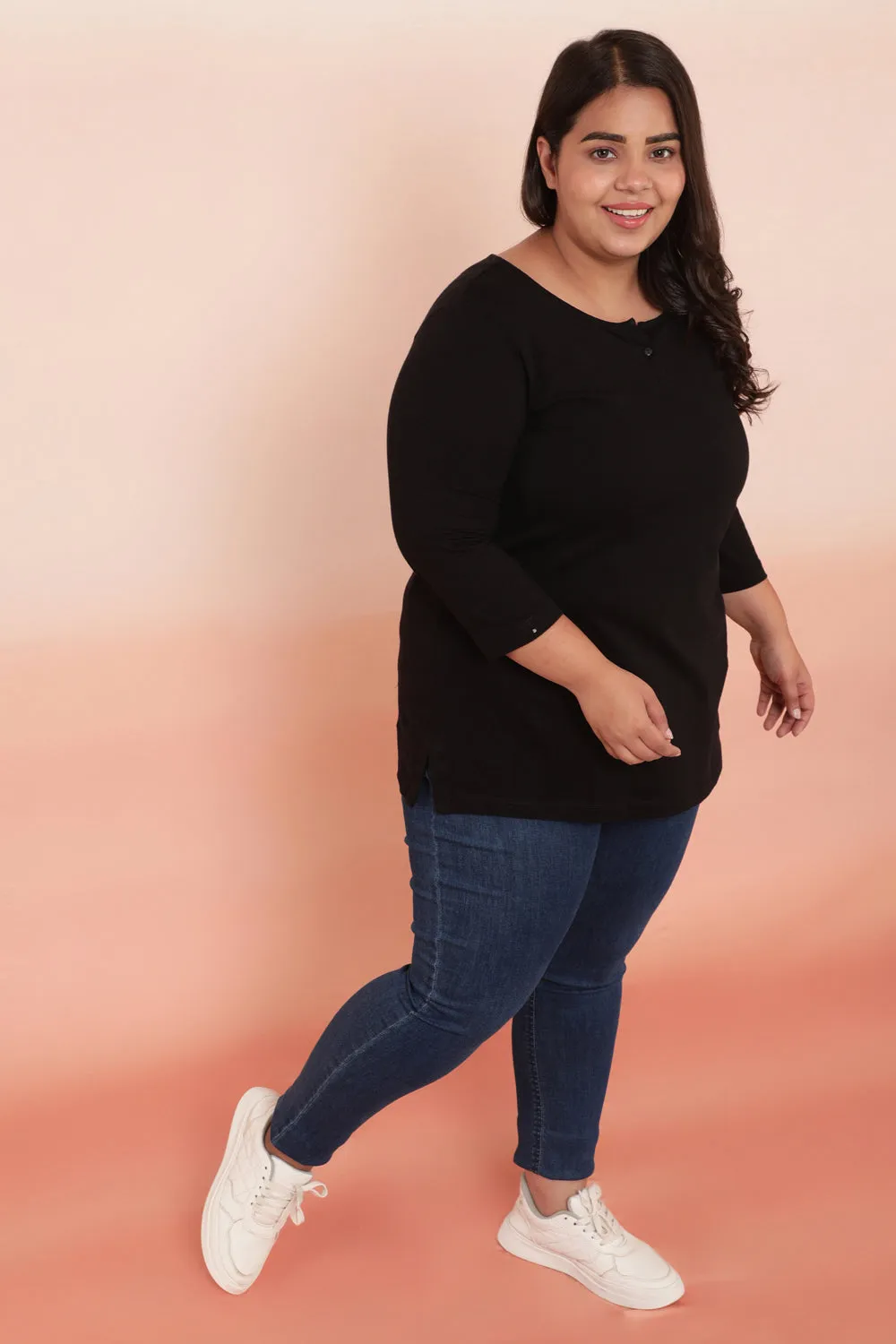 Plus Size Black Henley Cotton Tshirt