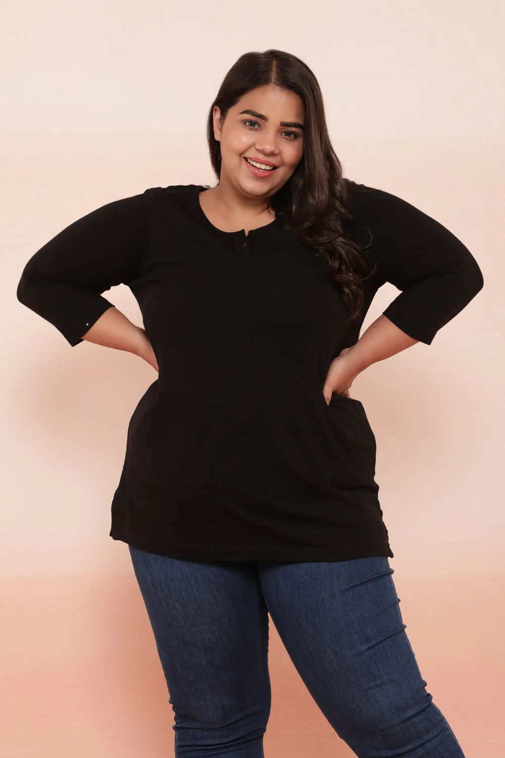 Plus Size Black Henley Cotton Tshirt