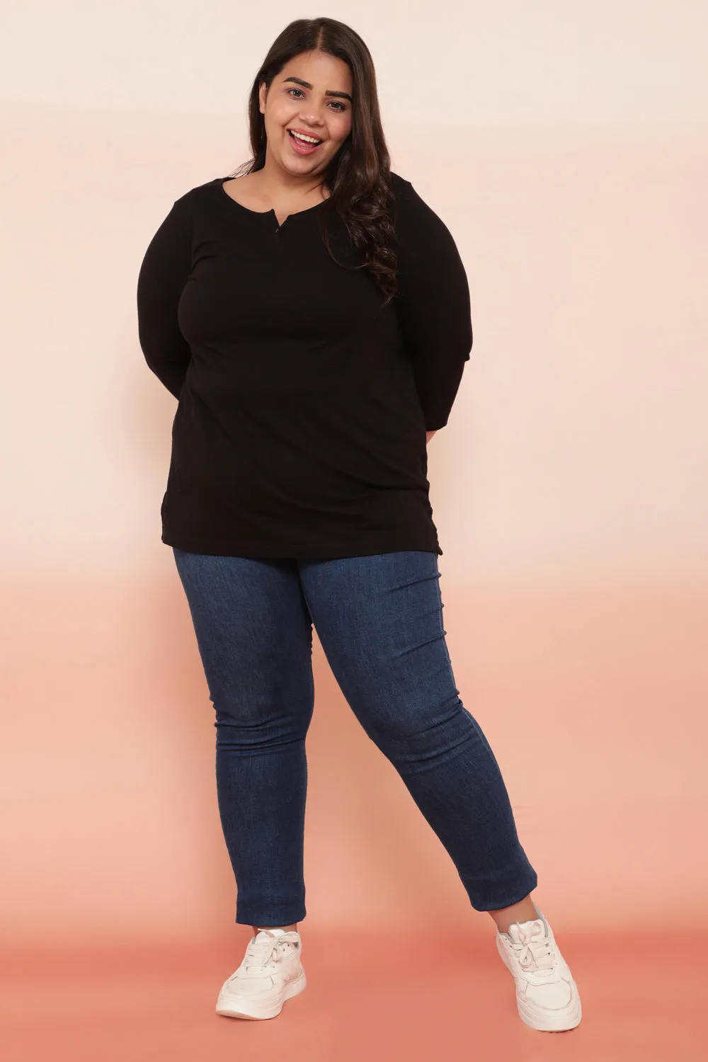 Plus Size Black Henley Cotton Tshirt